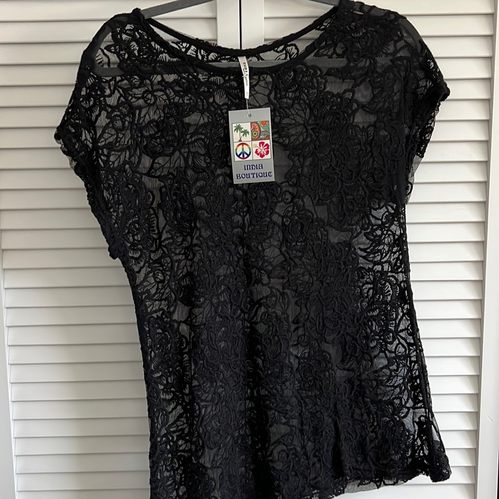 Black see through floral mesh top NWT